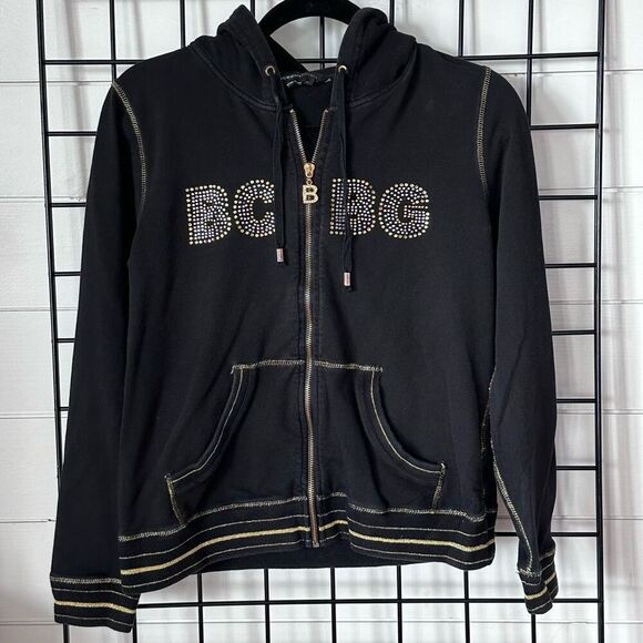 BCBGMaxazria Rhinestone Studded‎ Full Zip Hoodie Jacket Womens L Black Gold - Picture 1 of 12